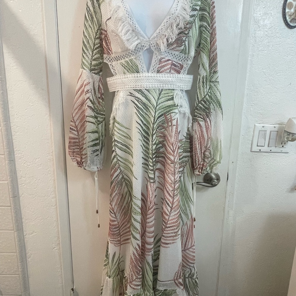 L'ATISTE White and Green Long Sleeve Dress